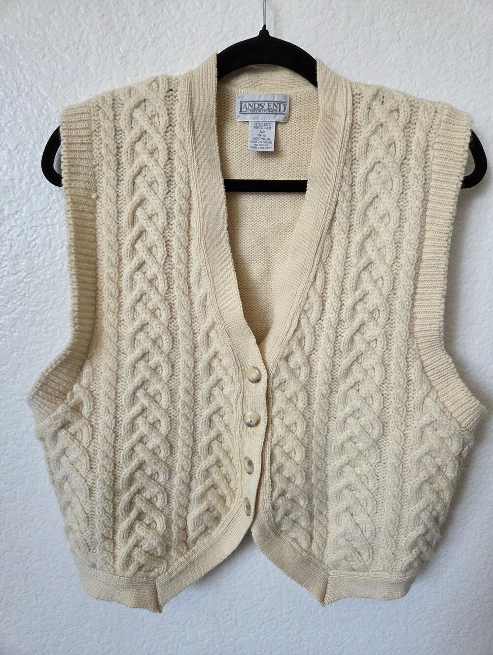 Lands' End Vintage Wool Cable-Knit Vest Button Front Women's Size Medium Cream